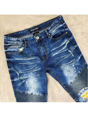 Men's Create 2MRW Blue Distressed Skinny Jeans Waist 32 with Yellow Accents